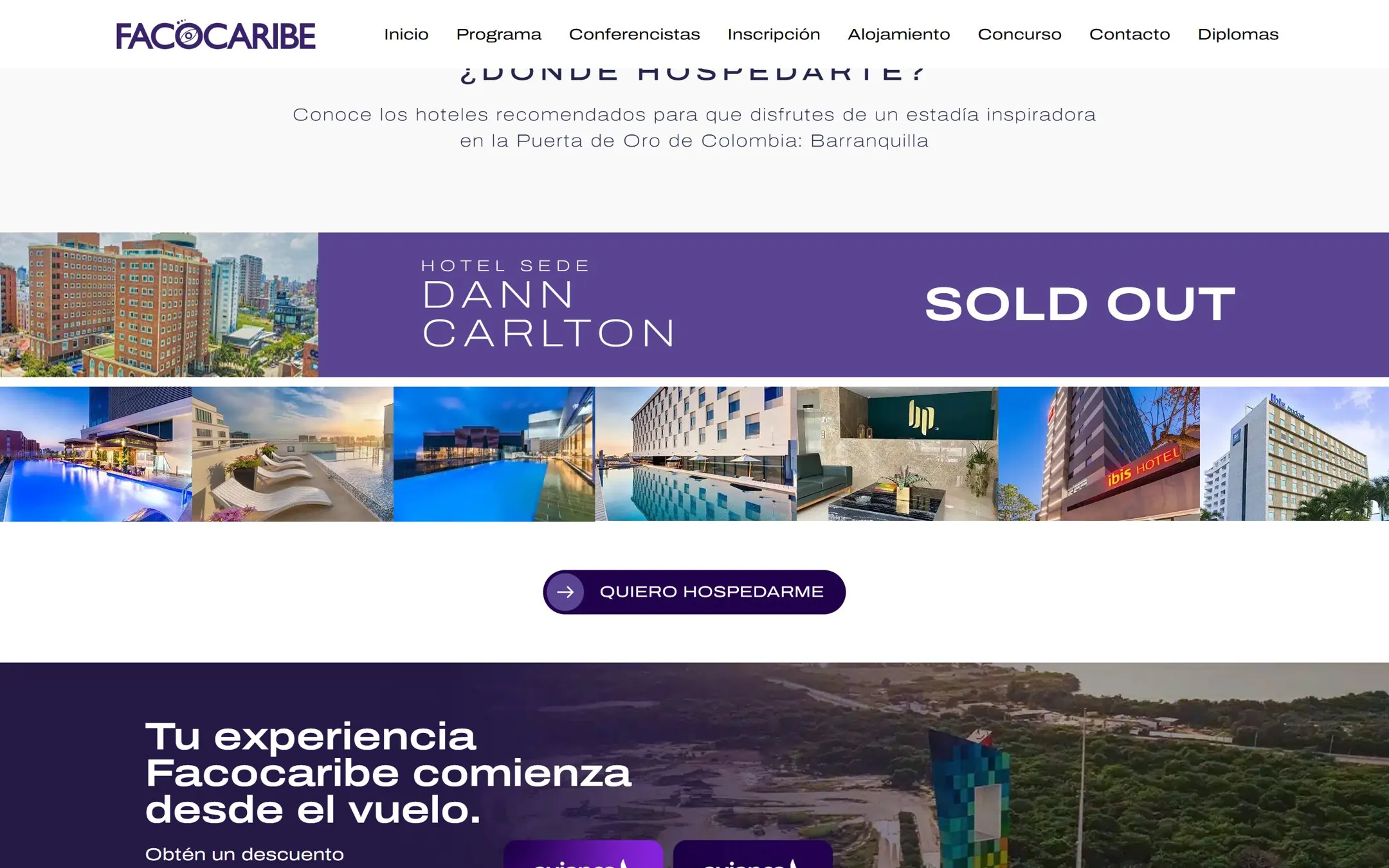 The Facocaribe hotel section with the Dann Carlton host hotel marked sold out and a strip of hotel photos