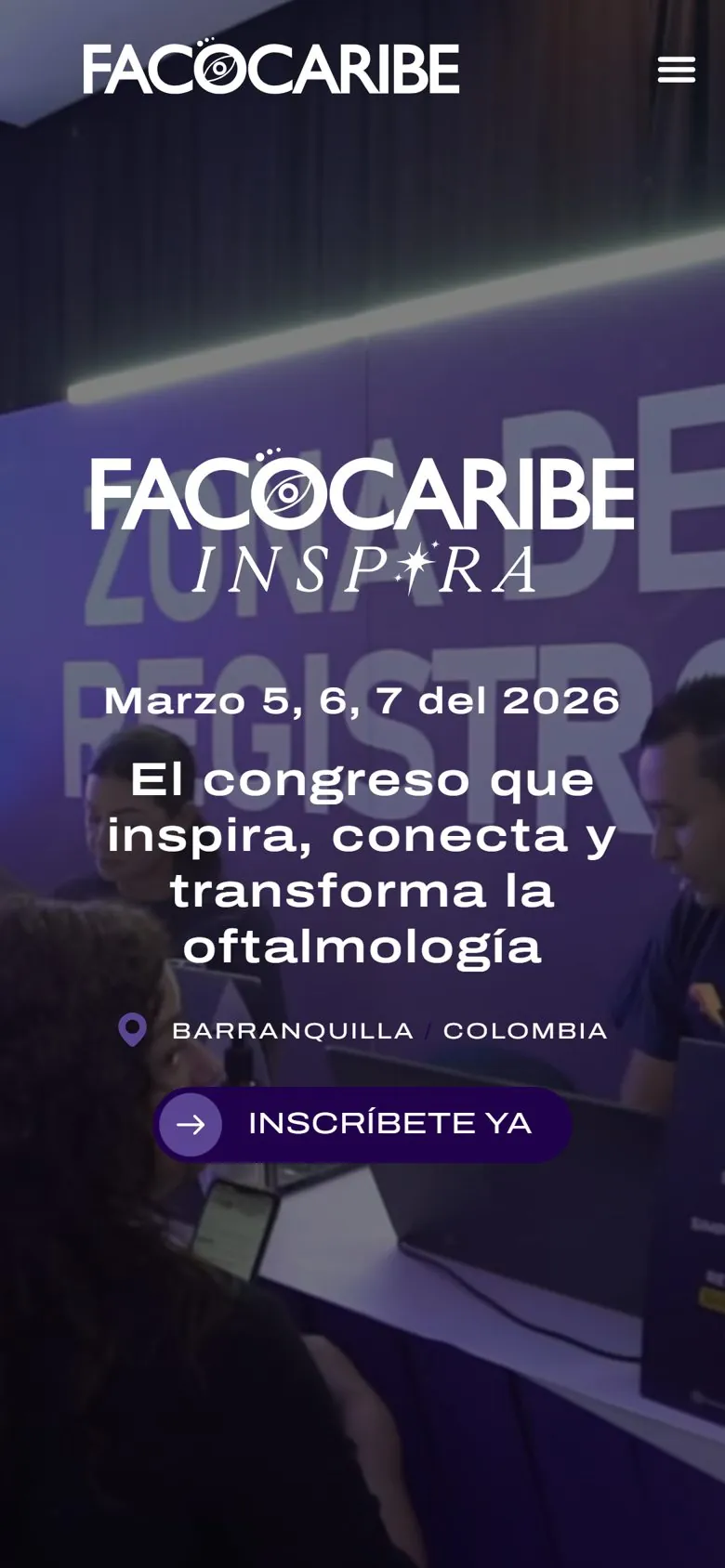 facocaribe.com on a phone: the Facocaribe Inspira logo, the dates and the register button