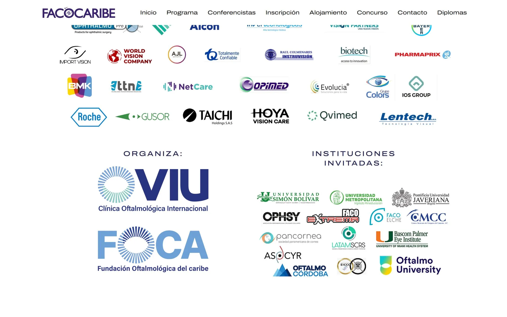 Sponsor logos including Roche, Hoya and Taichi, with VIU and FOCA as organisers and invited universities alongside