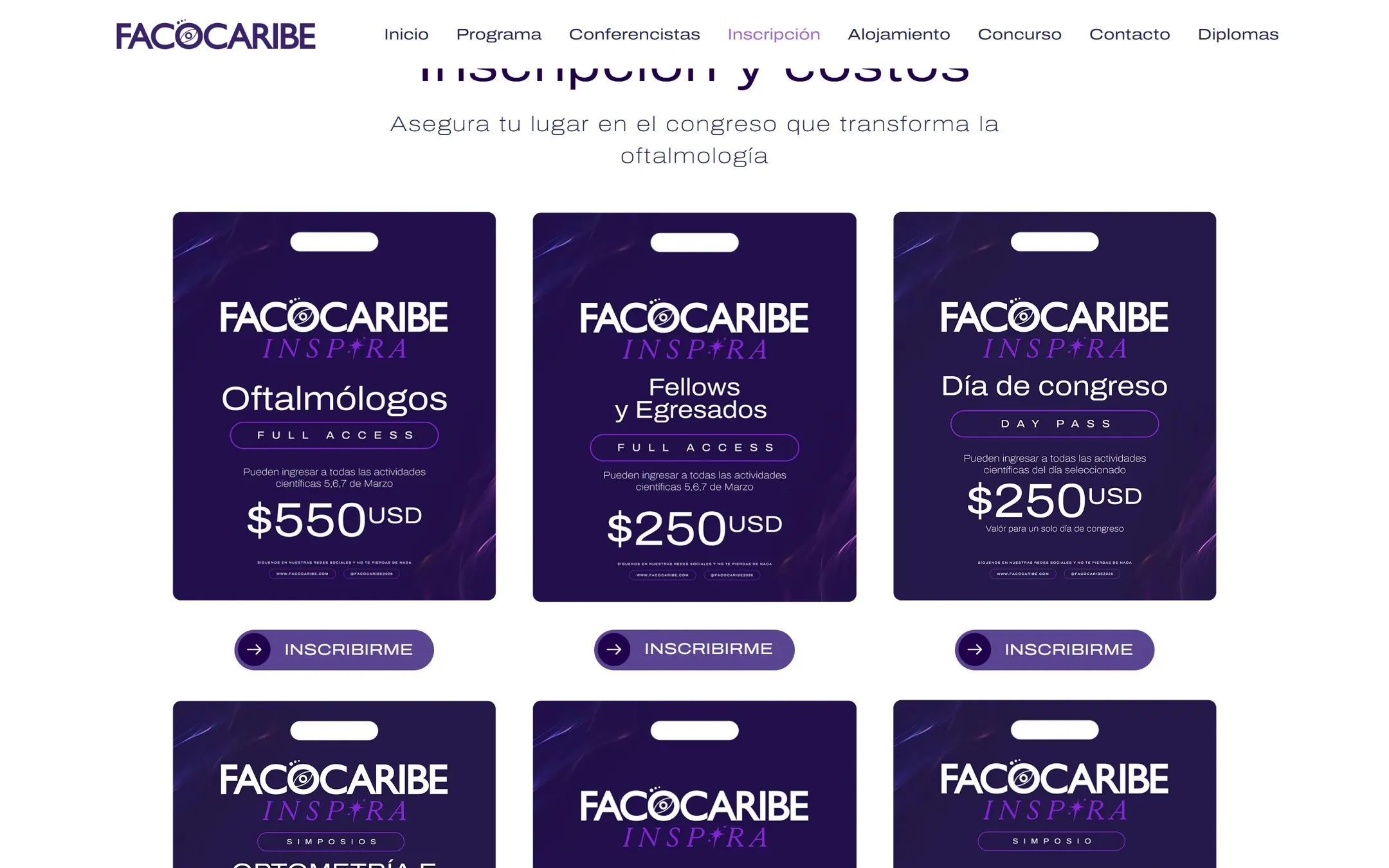 The Facocaribe registration page with passes for ophthalmologists at USD 550, fellows at USD 250 and a day pass at USD 250