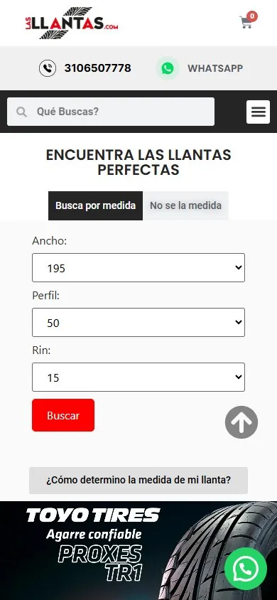 lasllantas.com on a phone: the size search on the first screen