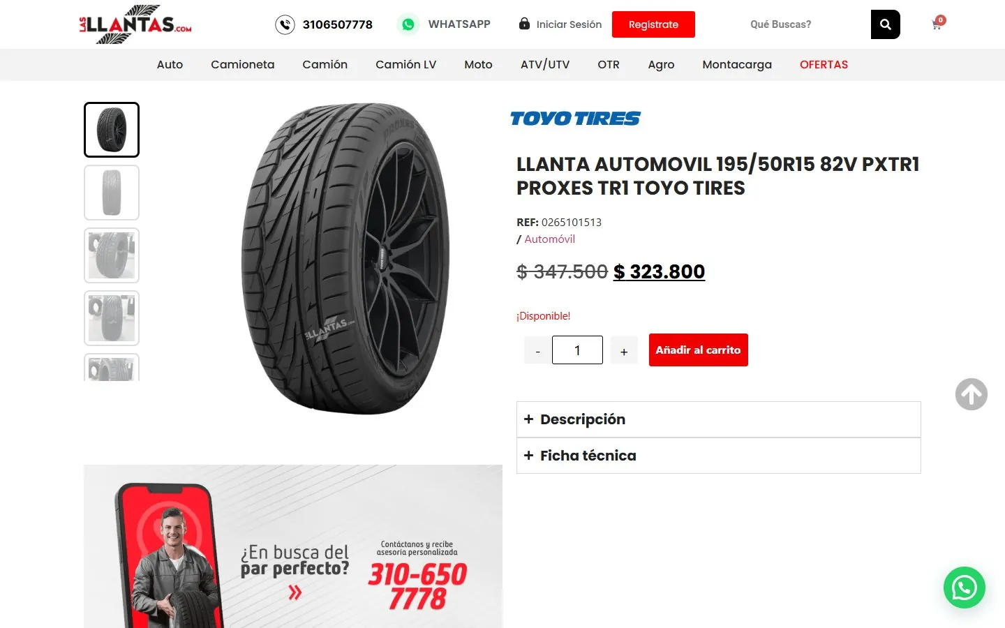 A Toyo Proxes TR1 product page on lasllantas.com with price, stock and the add-to-cart button