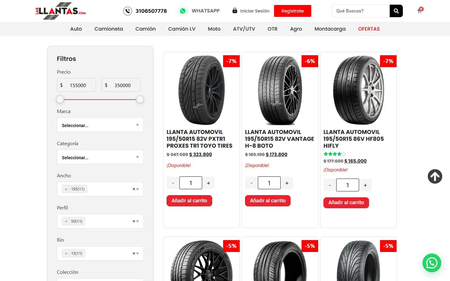 Search results for 195/50 R15 tyres on lasllantas.com with filters and prices