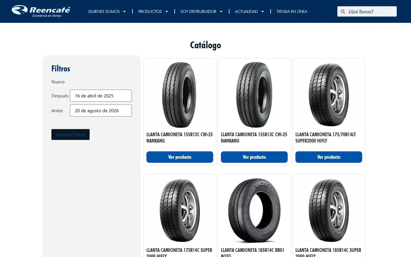The Reencafé catalogue page for pickup and van tyres with filters
