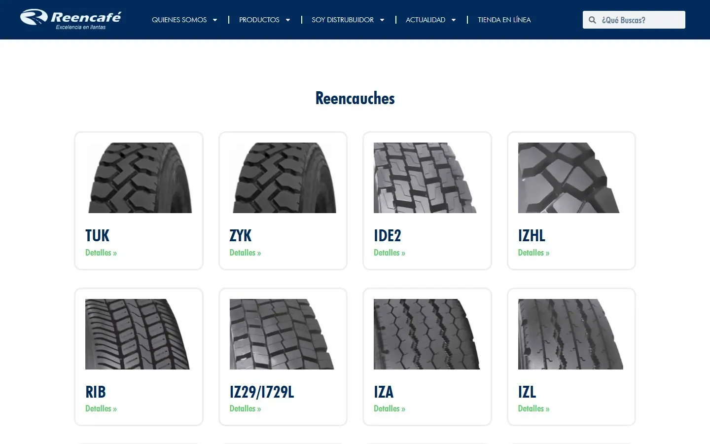 The Reencafé retreads page with tread patterns TUK, ZYK, IDE2, IZHL, RIB, IZ29, IZA and IZL