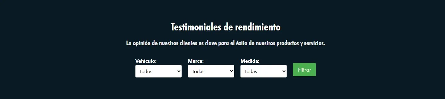 The testimonial filter on reencafe.com with drop-downs for vehicle, brand and size
