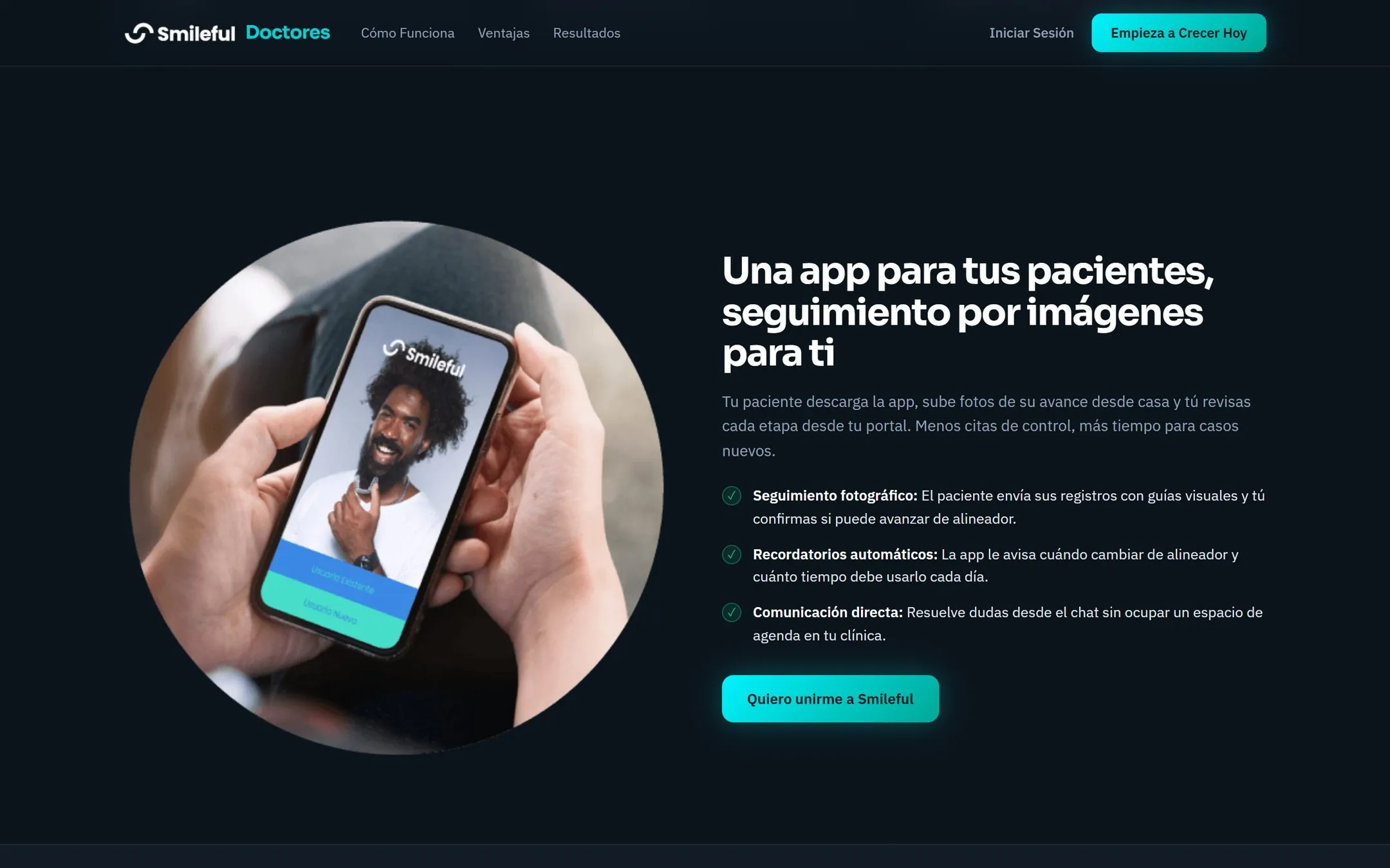 The Smileful doctors page section about the patient app, with a phone showing a patient taking a progress photo