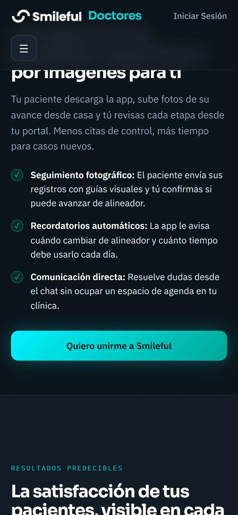 The Smileful doctors page on a phone, listing photo follow-up, automatic reminders and direct chat
