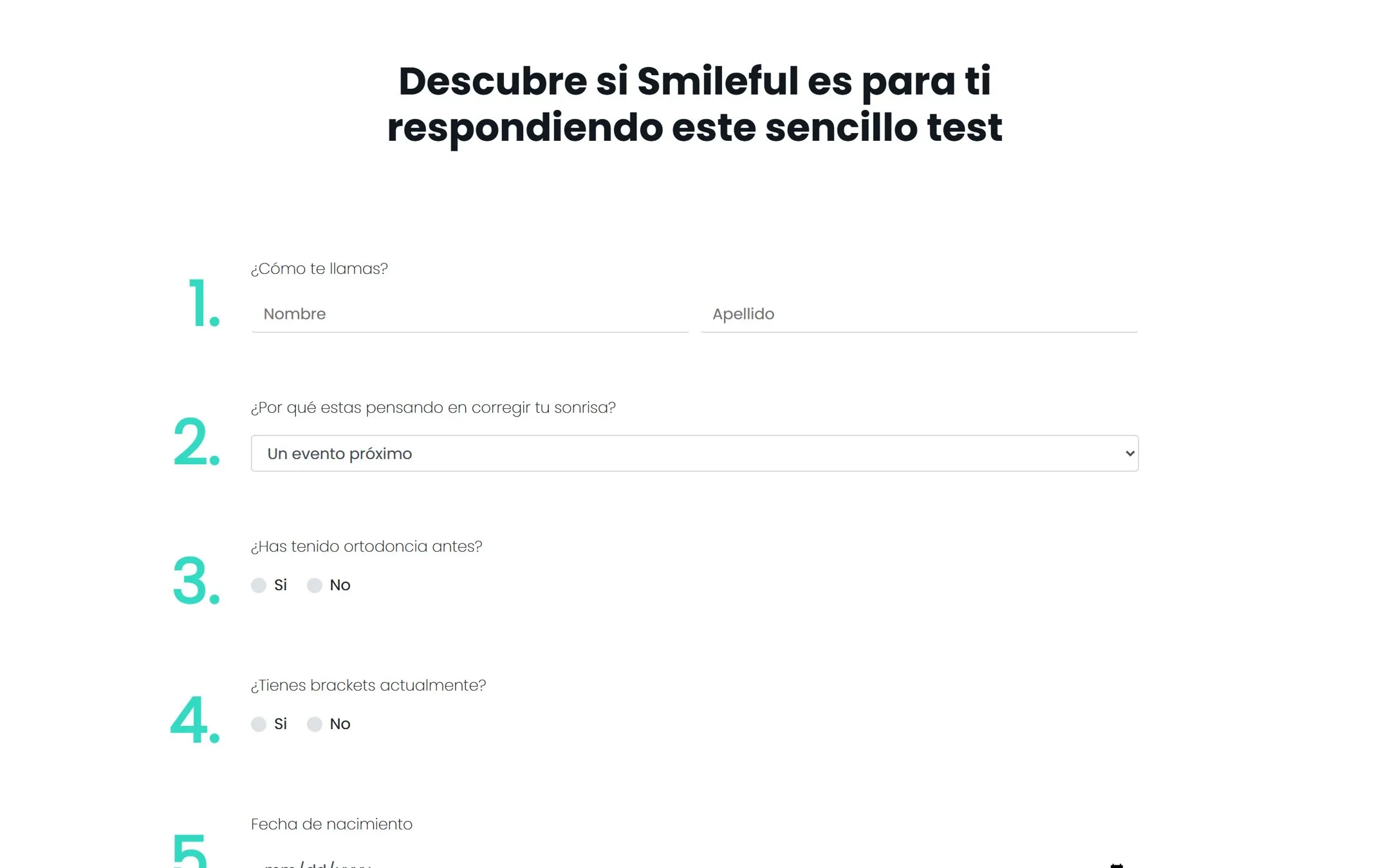 The Smileful candidate test with numbered questions about your name, your reason for treatment and previous braces