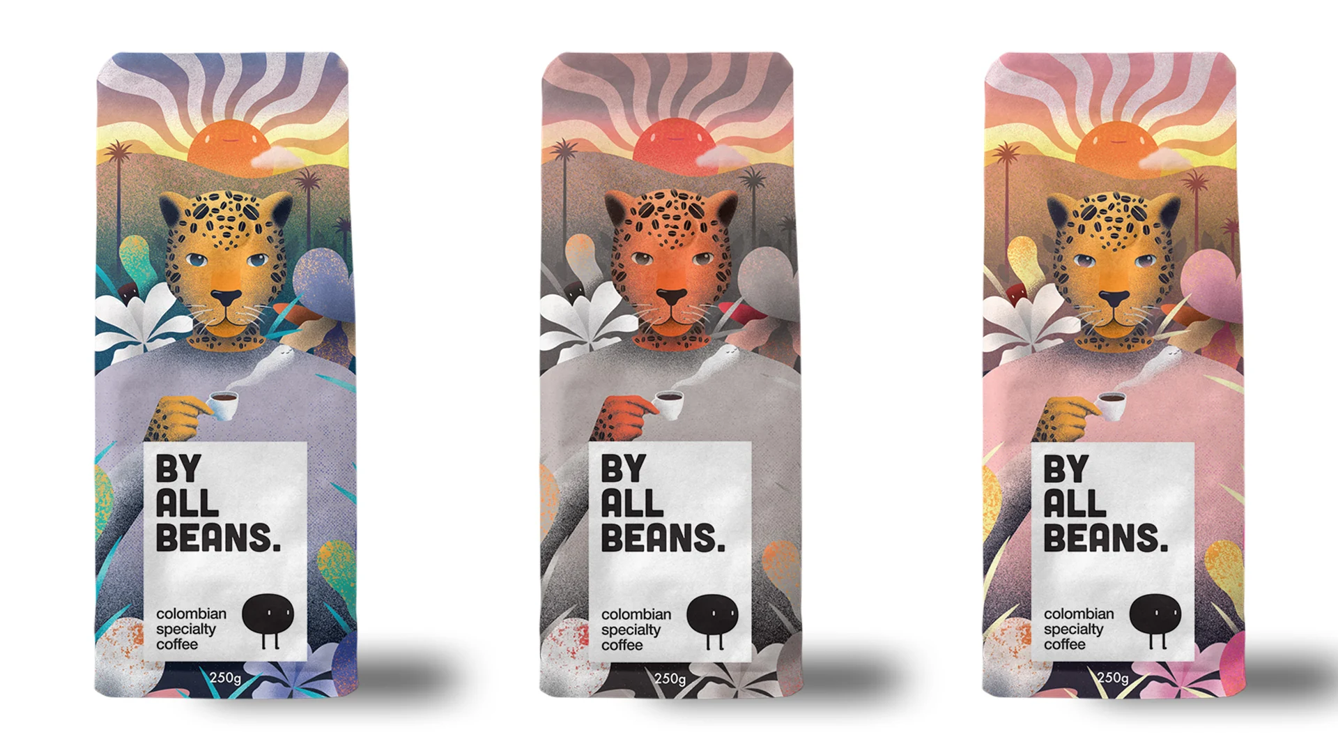 By All Beans coffee bags with the jaguar illustration in three colourways