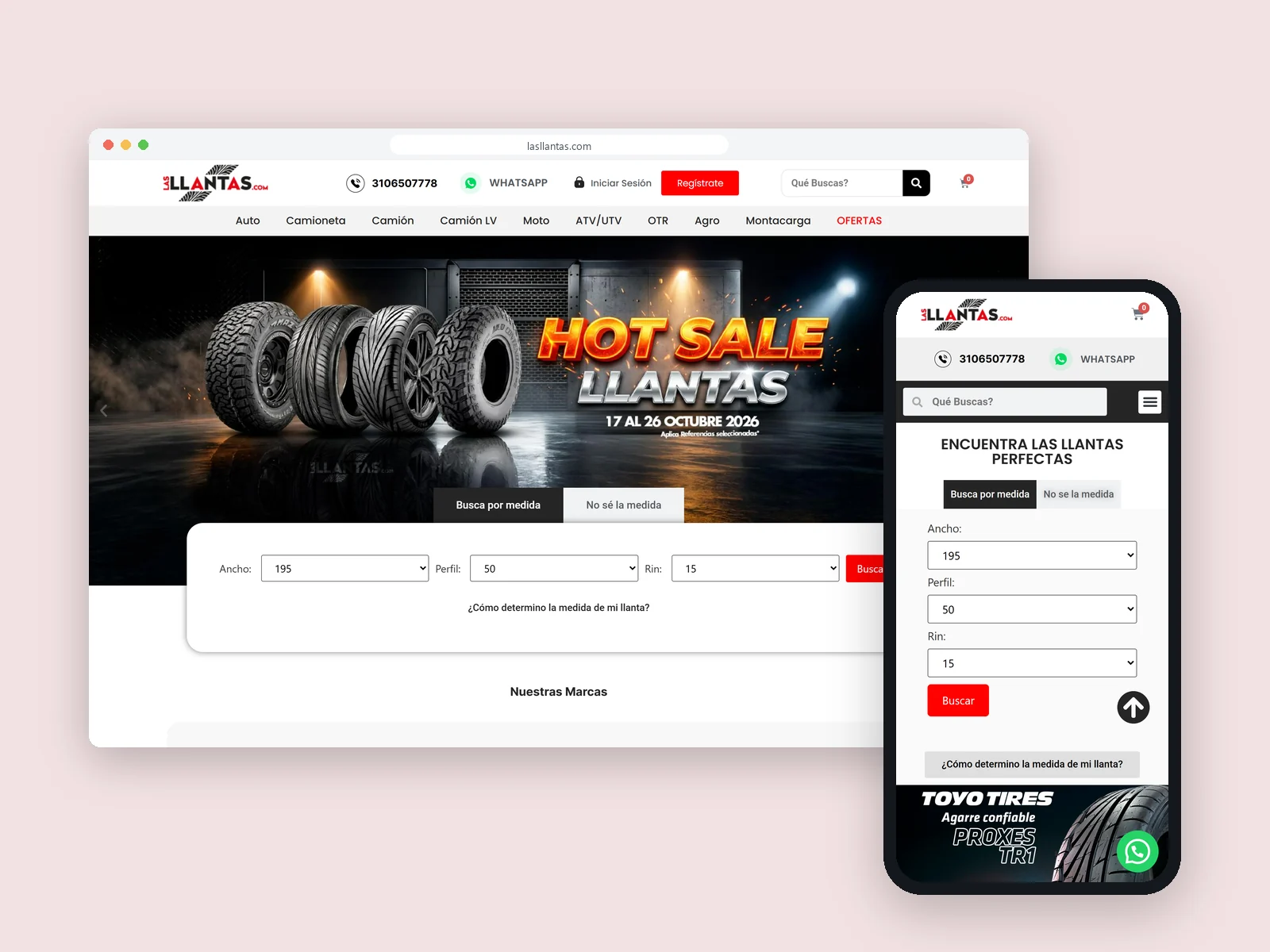 The Las Llantas online tyre shop on a laptop and a phone