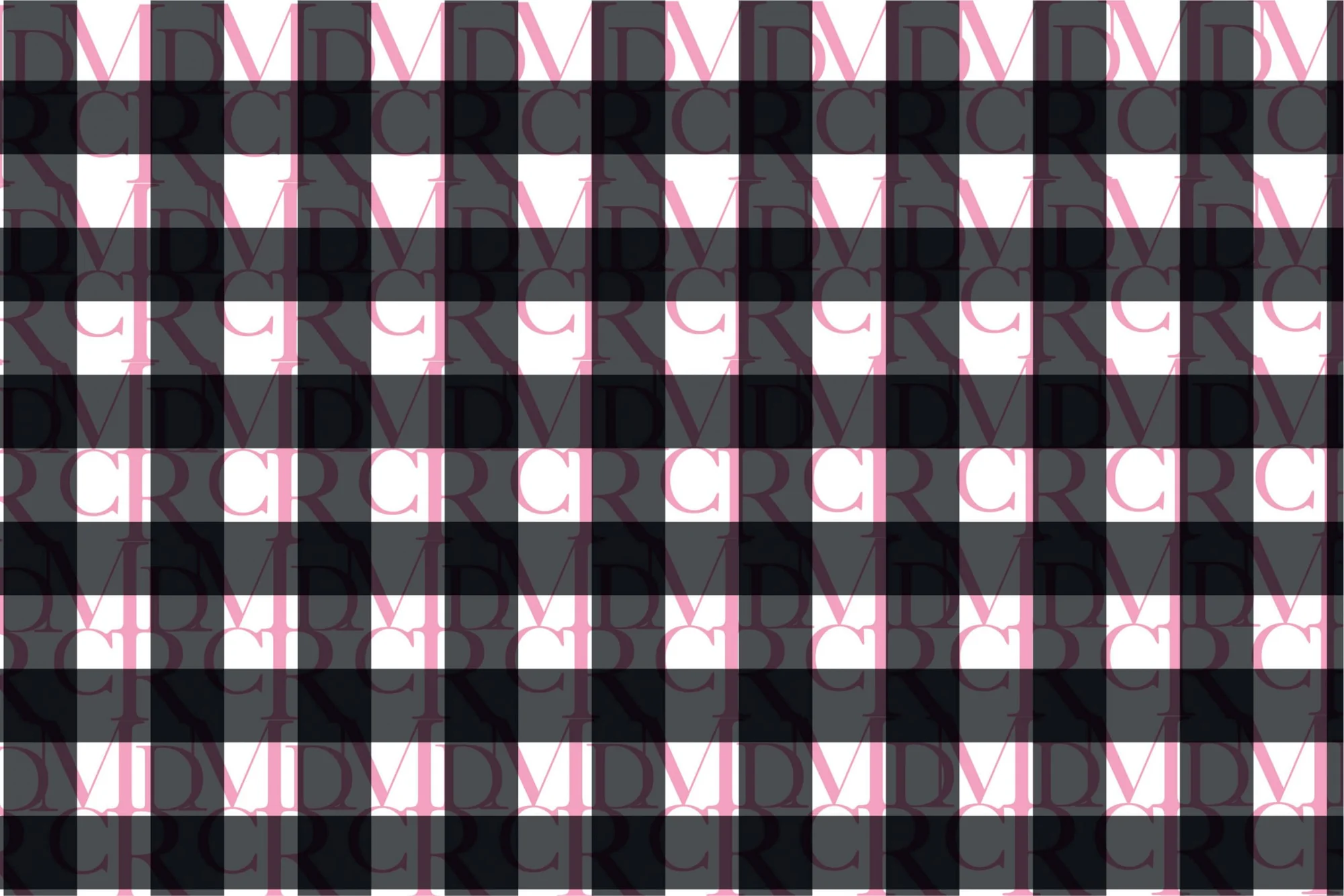Merkpatroon van MDCR: een zwart-wit ruitpatroon geweven uit het MDCR-monogram in roze