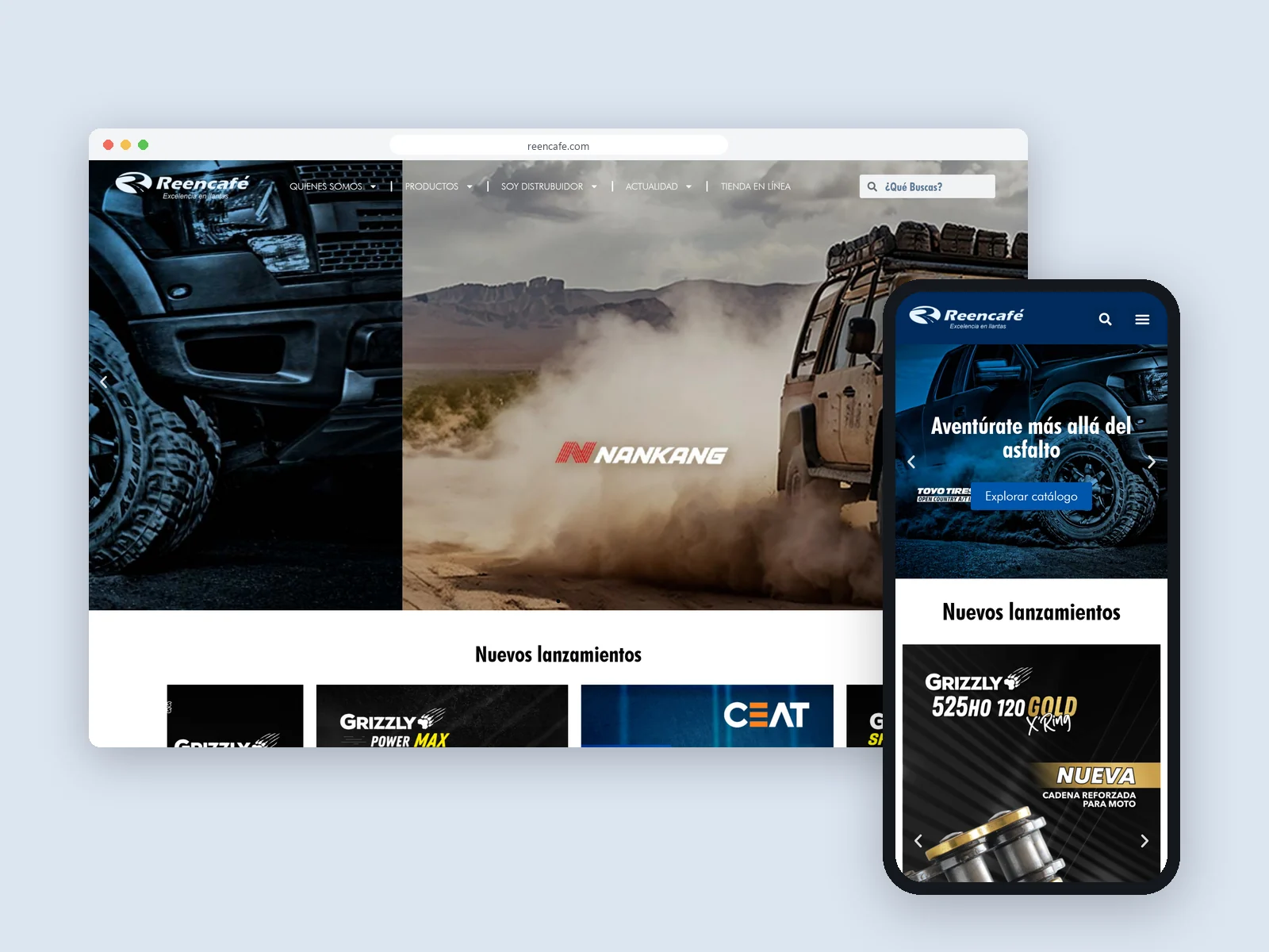 De site van bandenbedrijf Reencafé op een laptop en een telefoon
