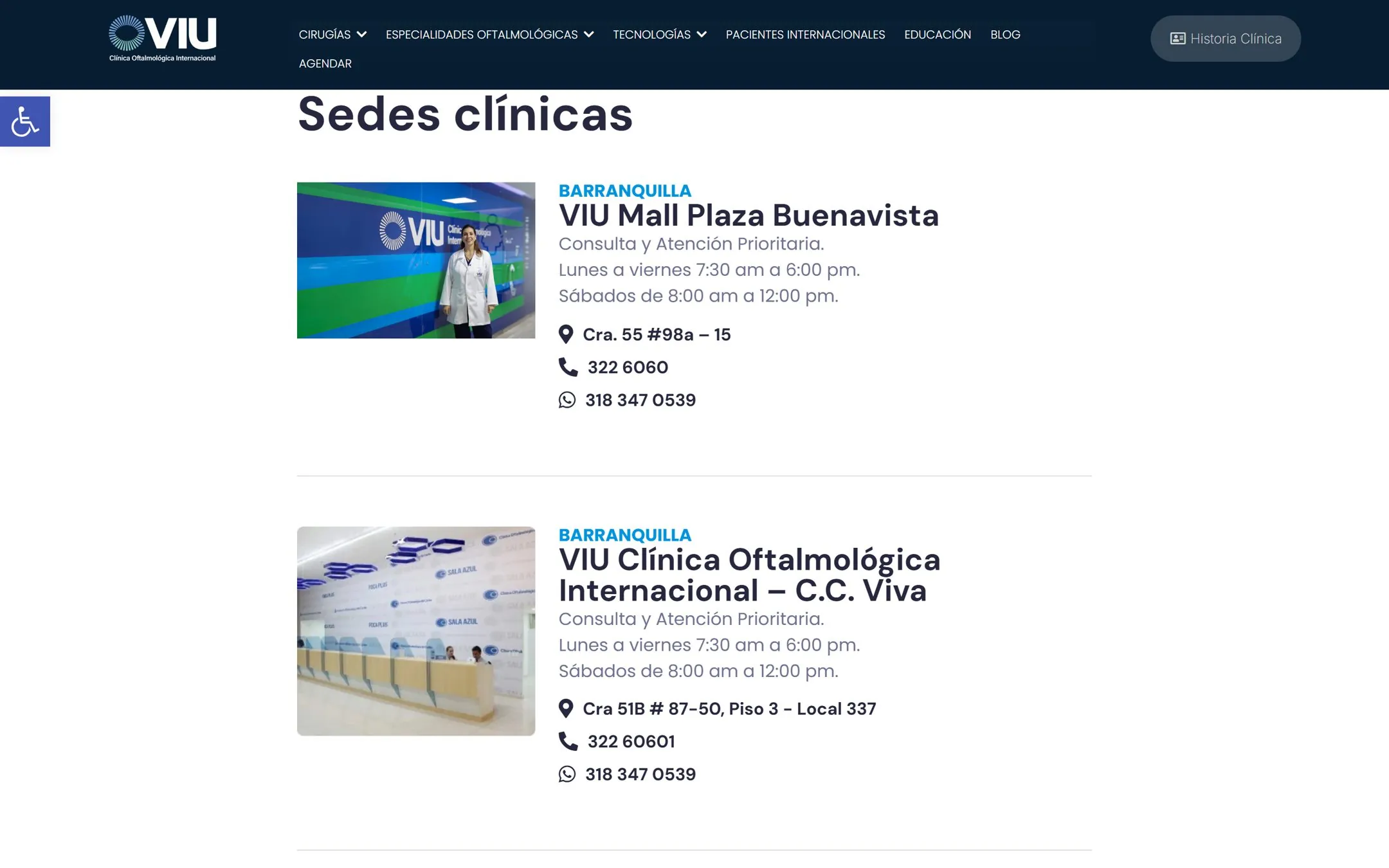 The VIU locations page listing VIU Mall Plaza Buenavista and VIU C.C. Viva with hours, address and phone numbers