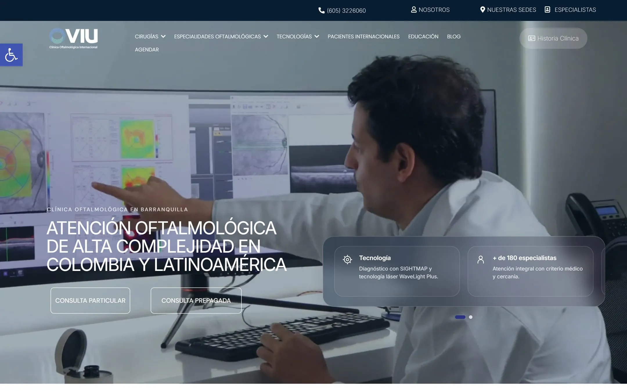 The VIU homepage slider: a doctor reviewing a corneal map, with buttons for private and prepaid consultations